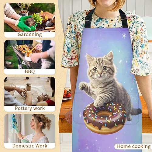 Miniatura 6 de Delantales de cocina para mujeres y hombres, delantal ajustable con correa para el cuello con 2 bolsillos para cocinar, hornear, jardinería,