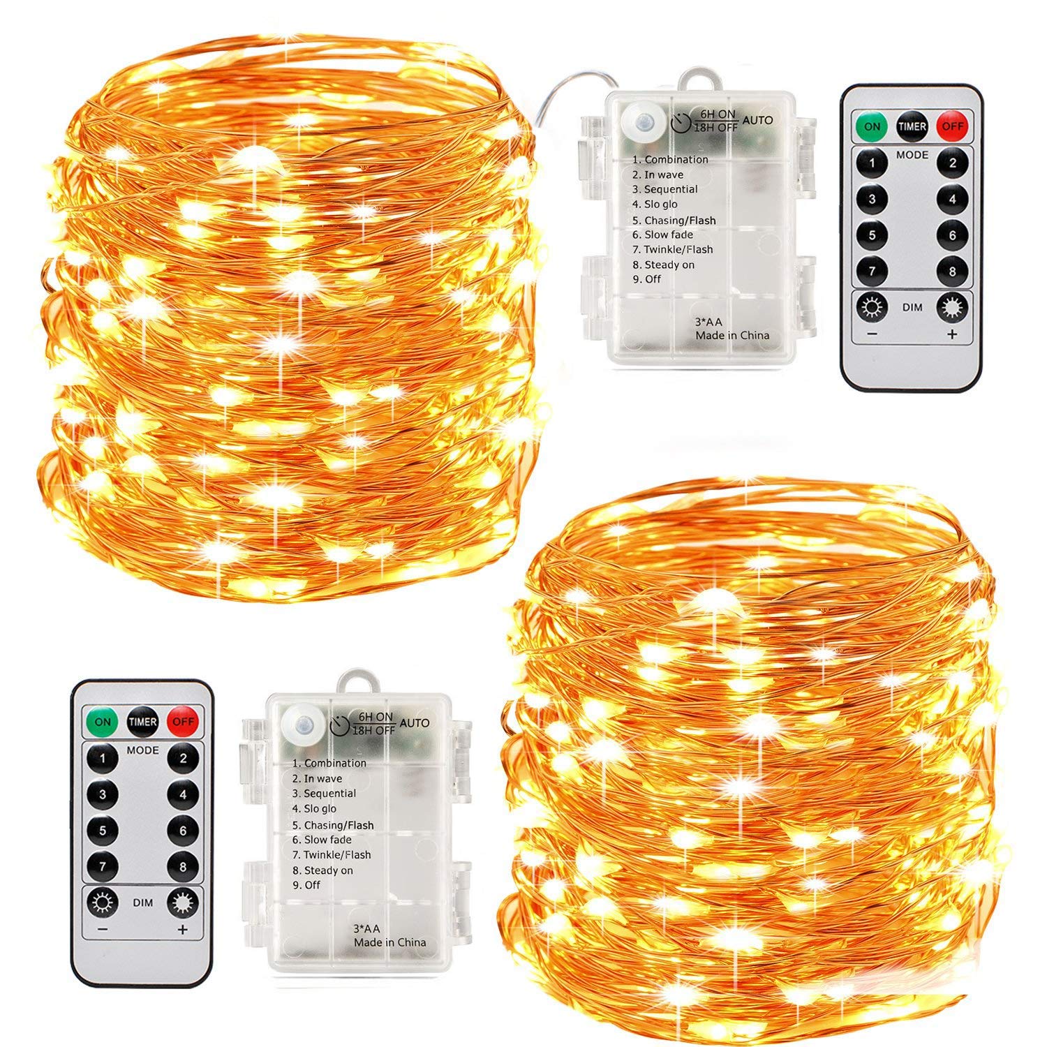 Led String Lights Battery Powered,[2 Pack] Fairy String Lights Battery Operated Waterproof 50 LED 16.5ft Christmas Decoration Lights (Warm White-5M)