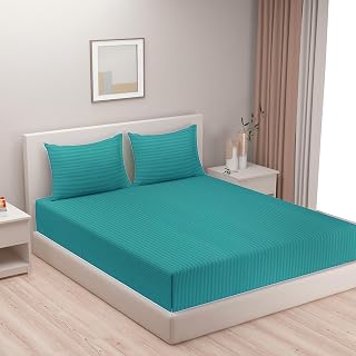Swayam 100% Cotton Single Bedsheet with 1 Pillow Covers | 300 TC Soft Breathable Bed Sheet | Striped Printed | Size 60 x 90 inch | Comfortable & Durable for Bedroom - Aqua Green