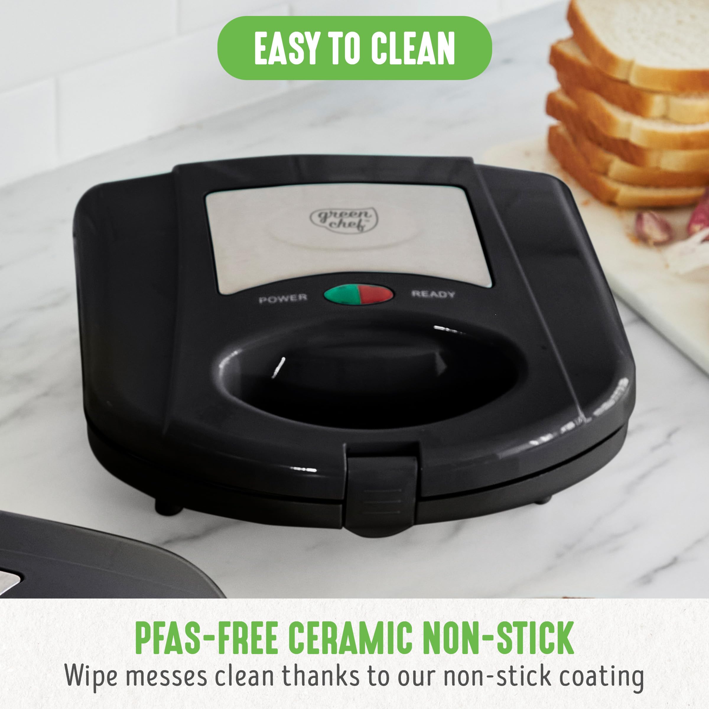 GreenChef Elektryczna prasa do Panini 3 w 1, gofry i kanapki, zdejmowane płyty ceramiczne, bez PFAS lub BPA, gryzak, zmywarka, wielofunkcyjna, kontrolowana temperaturą, czarna