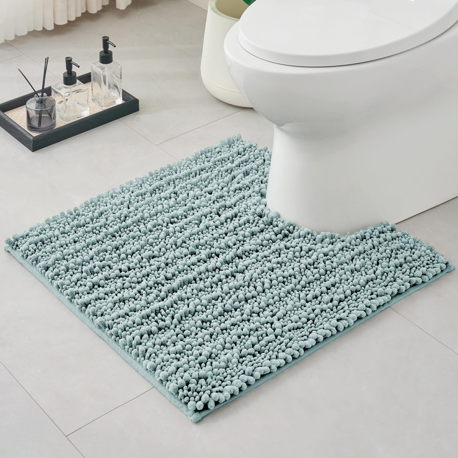 Chenille 24x24 Toilet Rug U‑Shaped Non‑Slip Absorbent, Fresh Blue
