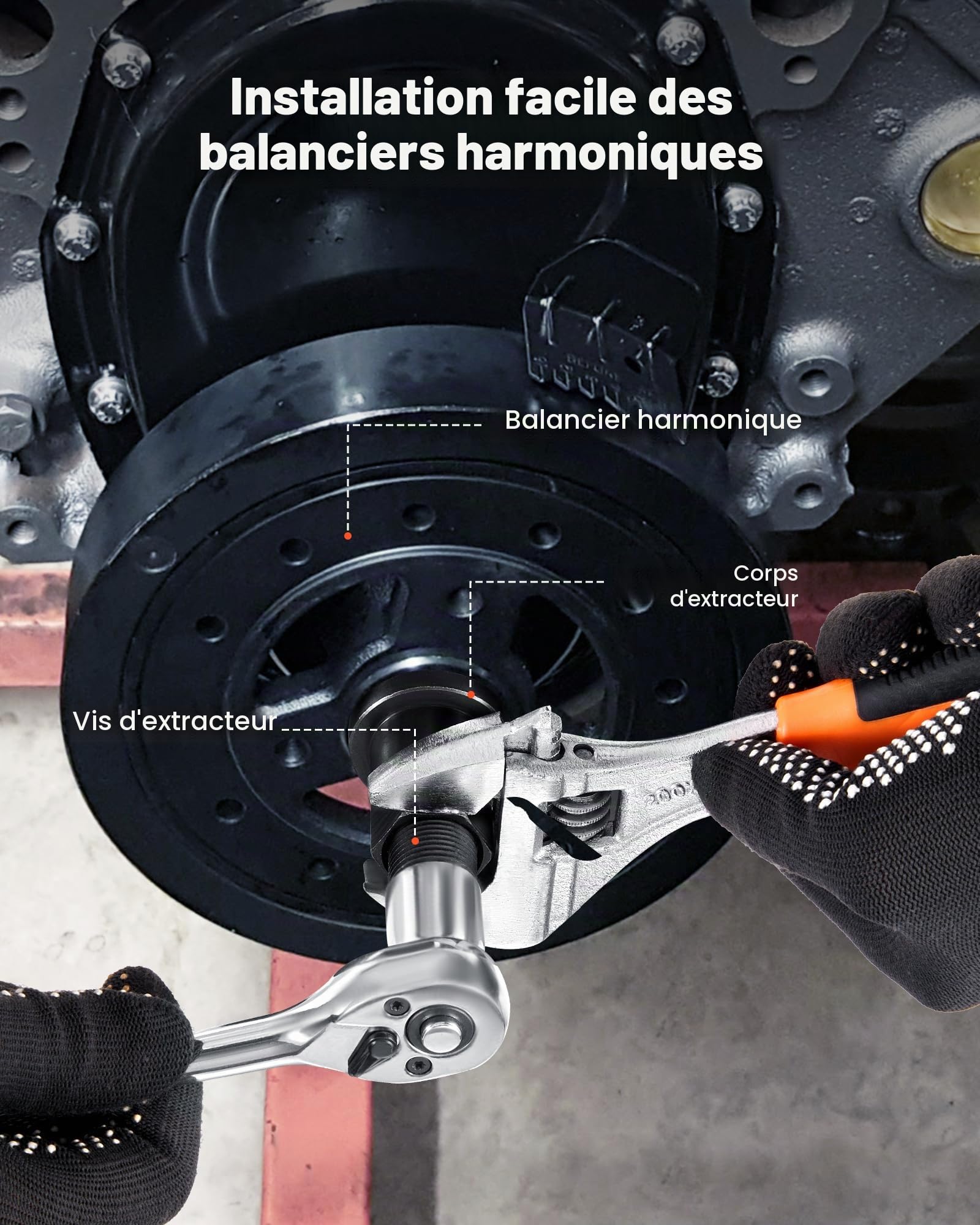 VEVOR Kit d'Outils de Démontage et Montage d'Équilibreur Harmonique, Extracteur d’Amortisseur d’Harmonique en Acier, Outil d’Extraction de Volants, de Poulies de Vilebrequin et de Volants, Atelier