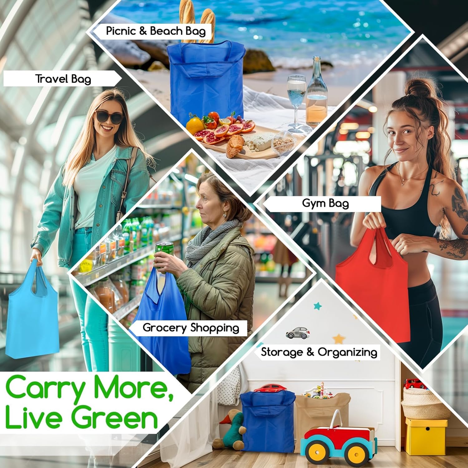 2 Pack Reusable Shopping Bags - Foldable Grocery Shopping Tote Bag for Daily Shopping Groceries Travel Storage, Waterproof Shopping Bags Washable Lightweight Bag for Daily Outdoor Women Men,