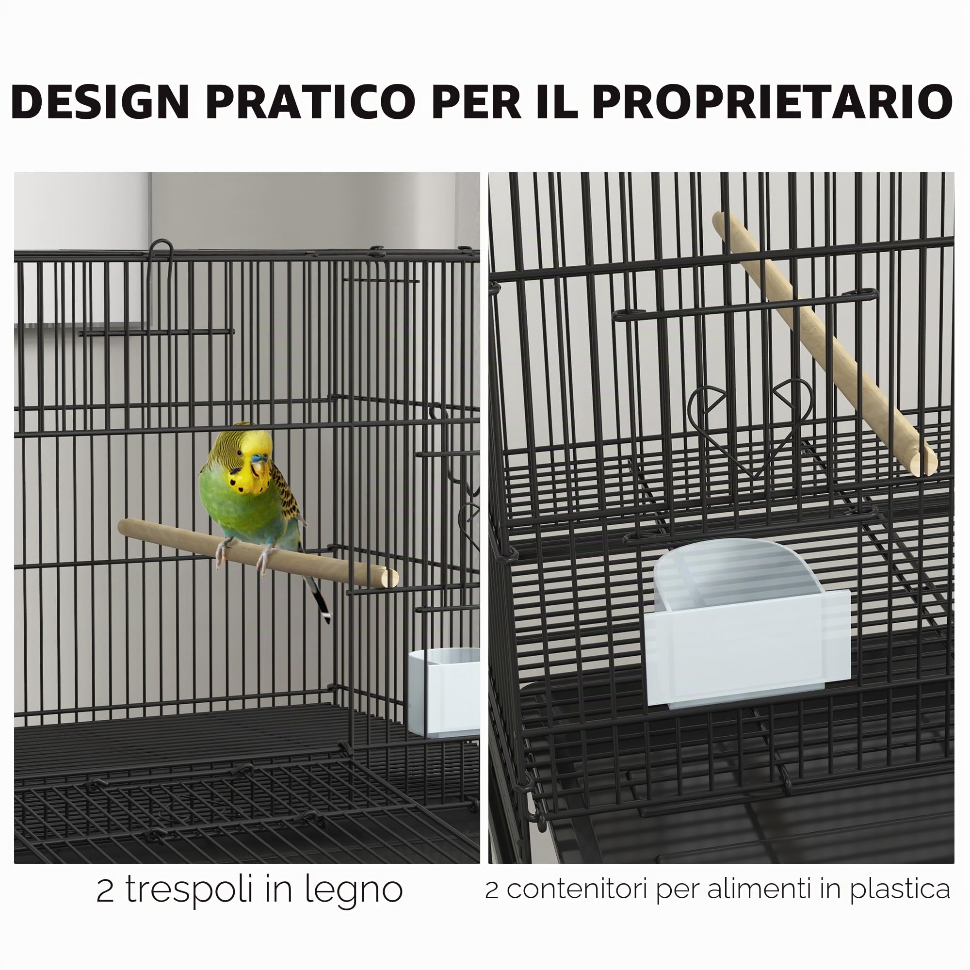 PawHut Gabbia per uccelli 77 x 46 x 119 cm Gabbia in metallo per uccelli con vassoio estraibile grucce mangiatoie per parrocchetti Canarini Nero