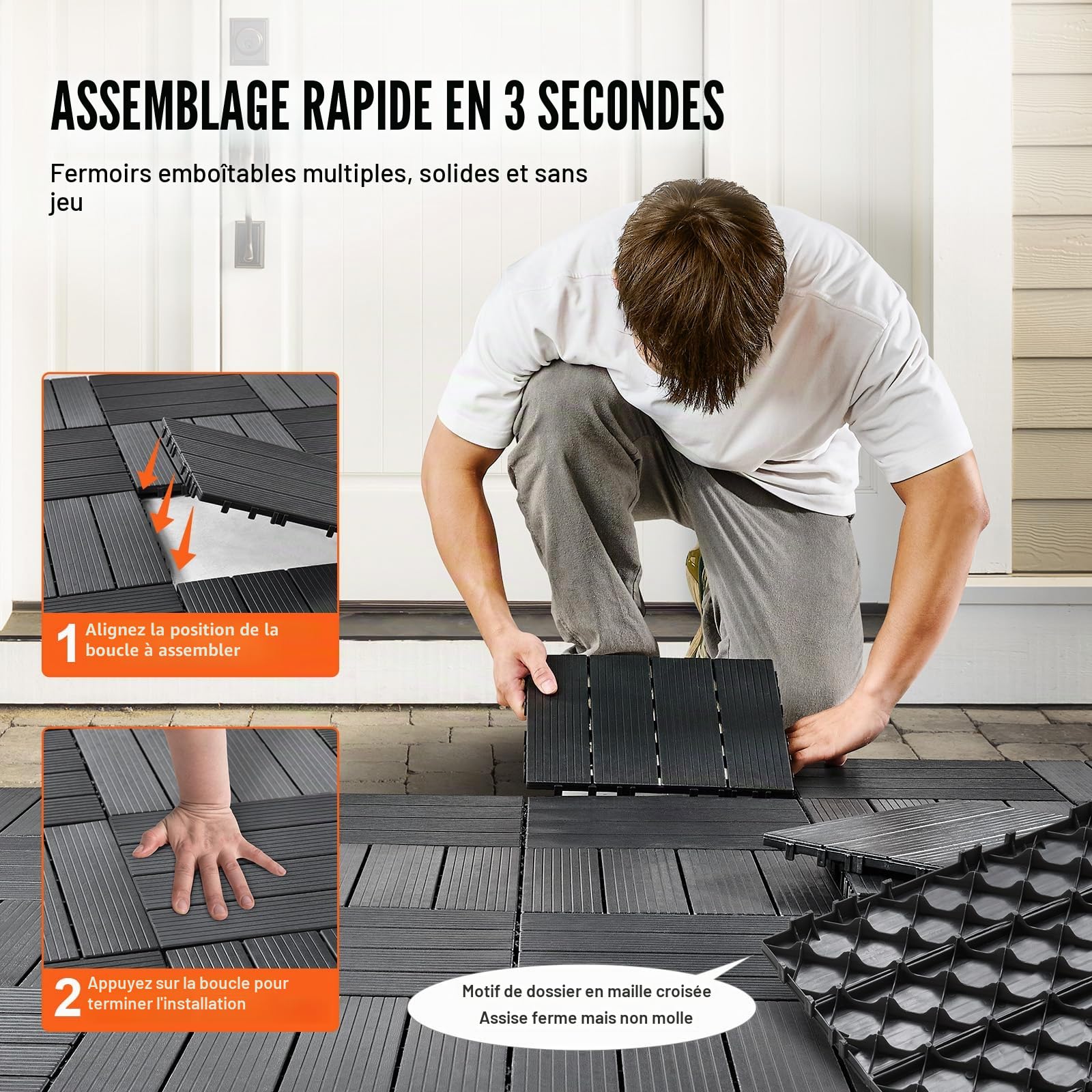 VEVOR Dalles de Terrasse Emboîtables, Lot de 54, Revêtement de Sol Plastique Imperméable, 300 x 300 mm, 50166 c㎡, Utilisation par Tous les Temps, pour Porche, Piscine, Balcon, Arrière-cour, Gris Foncé