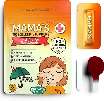 Mamas Club Nosebleed Stoppers Soft Nose Plugs for Kids, Chemical-Free Clotting Agent Alternative Gentle Absorbent Design for Childrens Sensitive Noses 8 Plugs