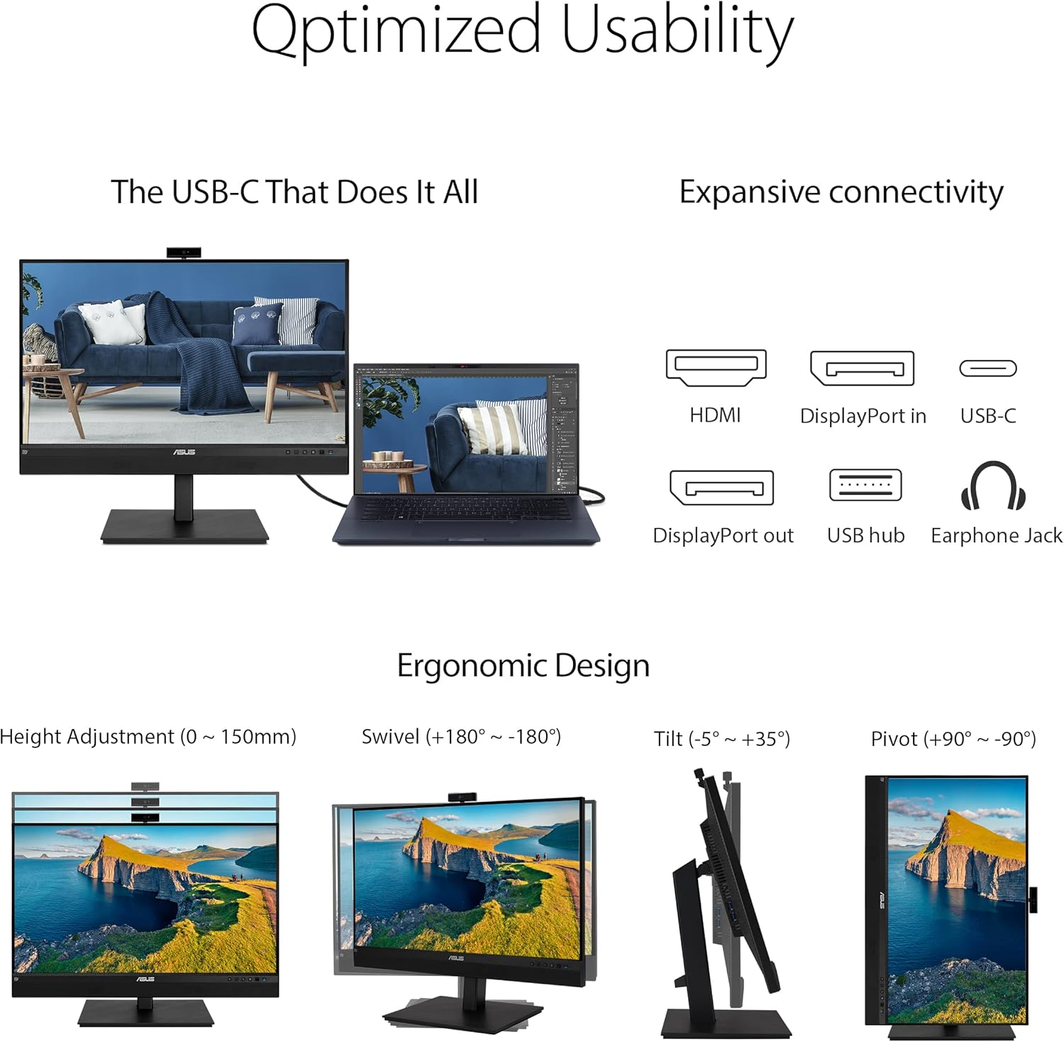 ASUS BE27ACSBK Monitor 27”, WQHD (2560x1440), IPS, Frameless, Webcam FullHD Integrata, Microfono Ai Noise Canceling, USB-C, Speaker Integrati, Design Ergonomico, Eye Care, Riduzione Luce Blu, Nero