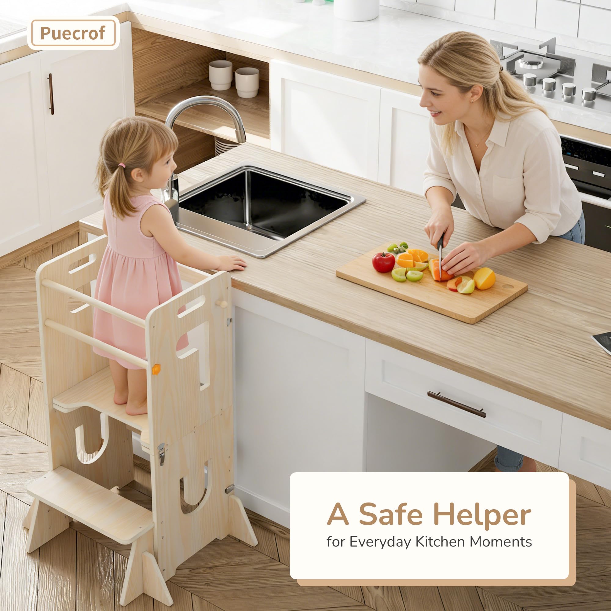 Lernturm für Kinder, klappbarer 3-in-1 Küchenhelfer Tritthocker aus Holz mit Kreidetafel, mit Sicherheitsbügel, ab 18 Monaten