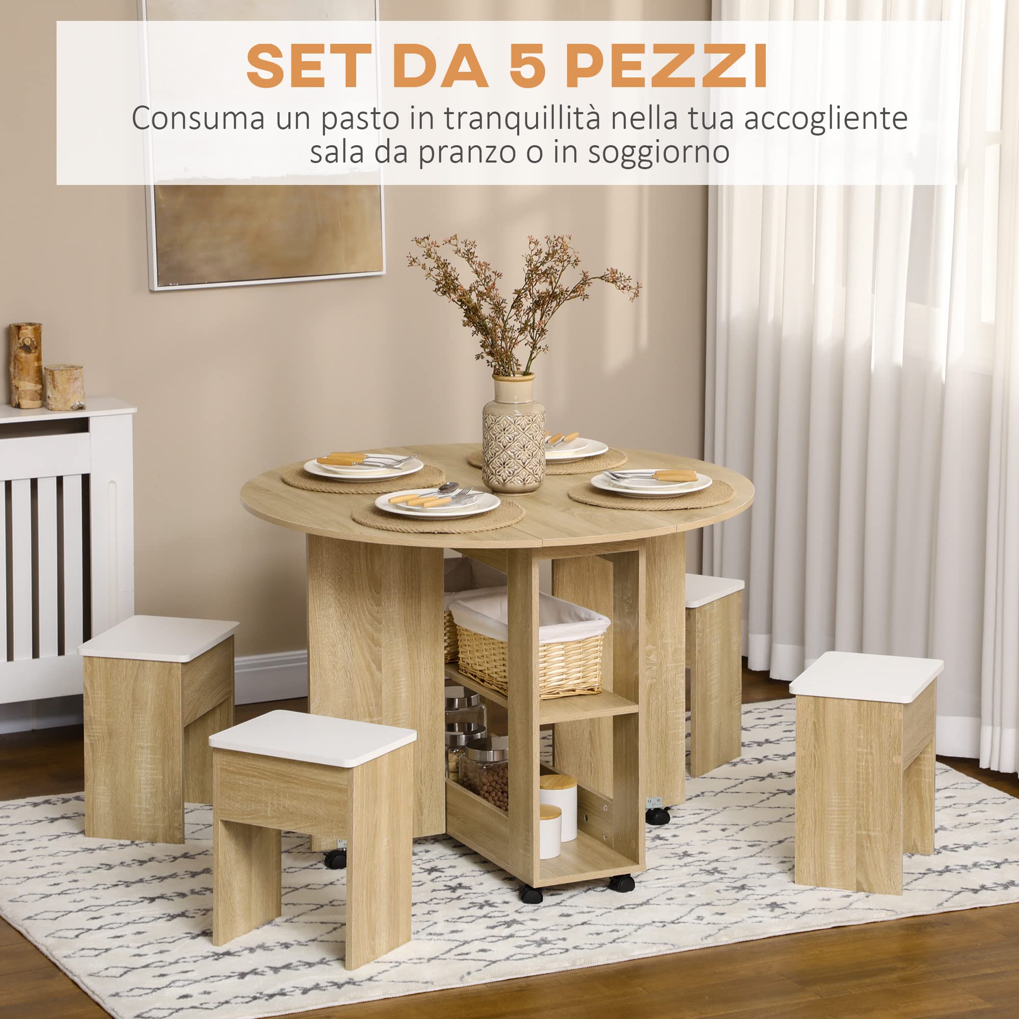 HOMCOM Set Tavolo e Sedie 5 Pezzi in Truciolato, Tavolo Rotondo Pieghevole con 2 Ripiani Aperti e 4 Sgabelli color Rovere