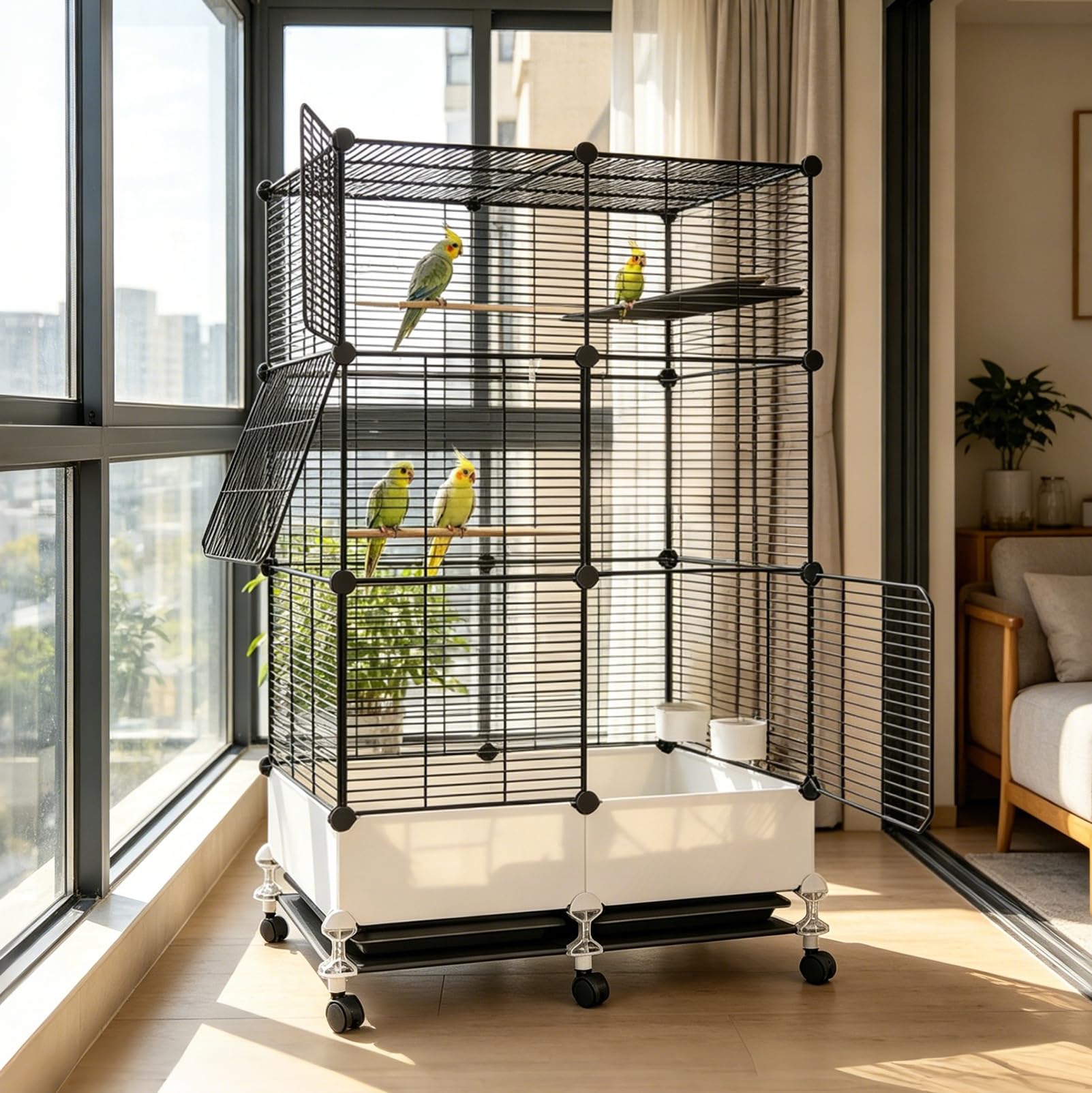 Jaula grande para loros para interiores con ruedas bloqueables, jaula para periquitos con comedero, cuenco de agua, plataforma de juego, fácil de mover y limpiar (negro, 74 x 37 W x