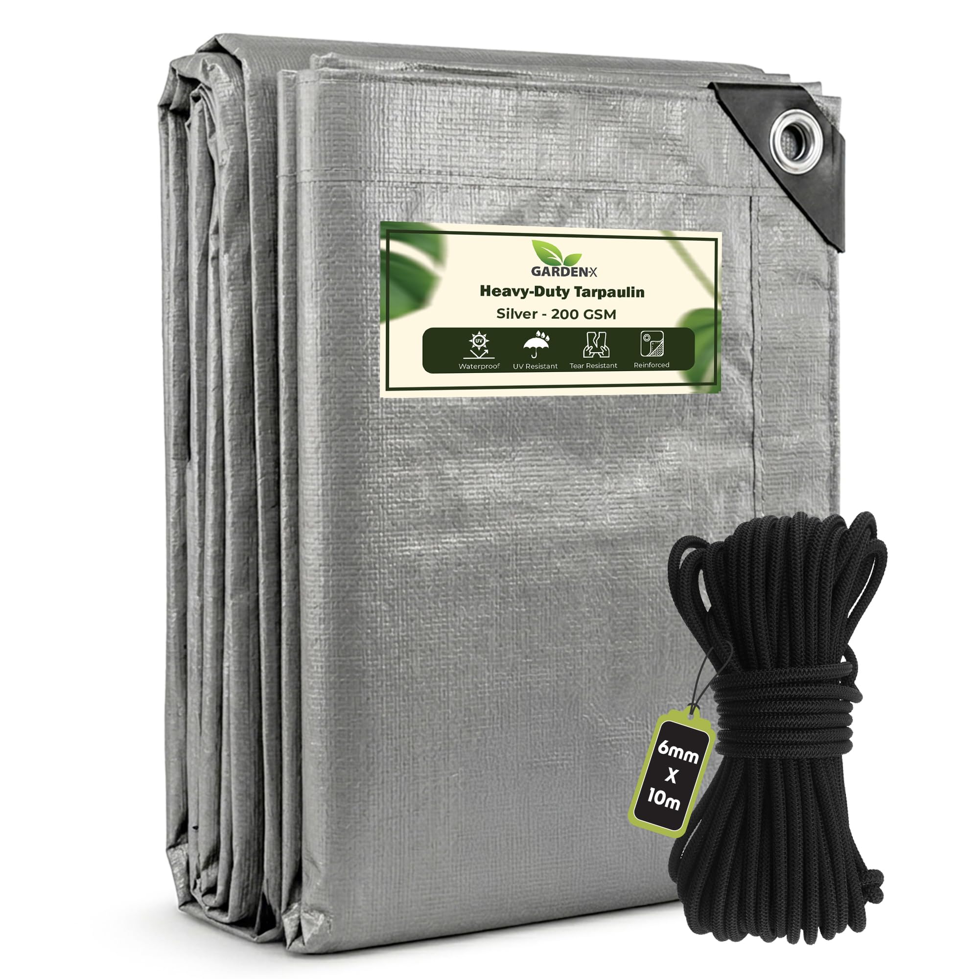 GARDENIX 10m x 15m Grey Heavy Duty 200gsm Tarpaulin Waterproof Tarp Sheet Cover, Groundsheet, Multipurpose, Reinforced + 10 Metres of 6mm Bungee Rope