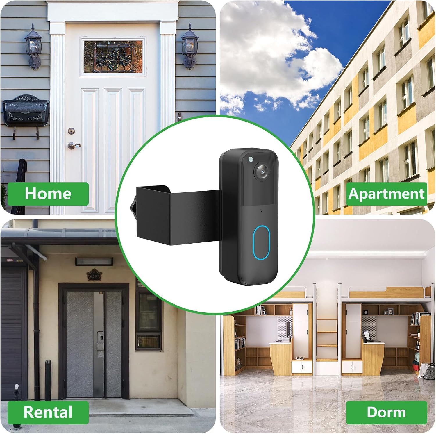 Collage of images showing the doorbell mount in various settings: home, apartment, rental, dorm