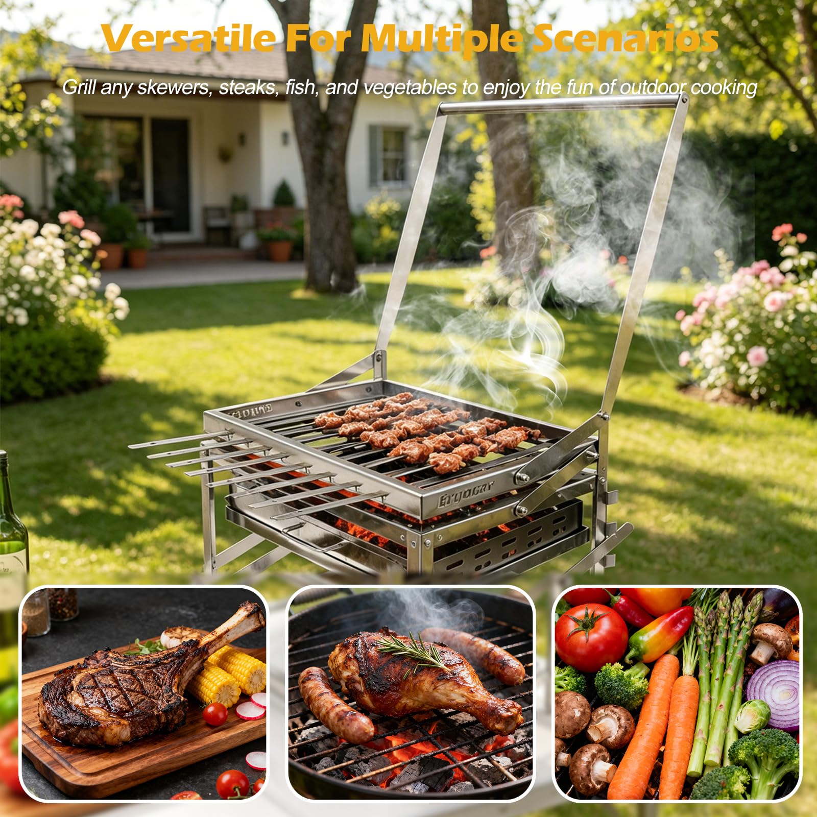Ergocar Zewnętrzny grill węglowy ze stali nierdzewnej z przenośnym, obrotowym i regulacją wysokości, z 4 poziomami tacek na węgiel drzewny, odpowiedni dla wielu osób, idealny do