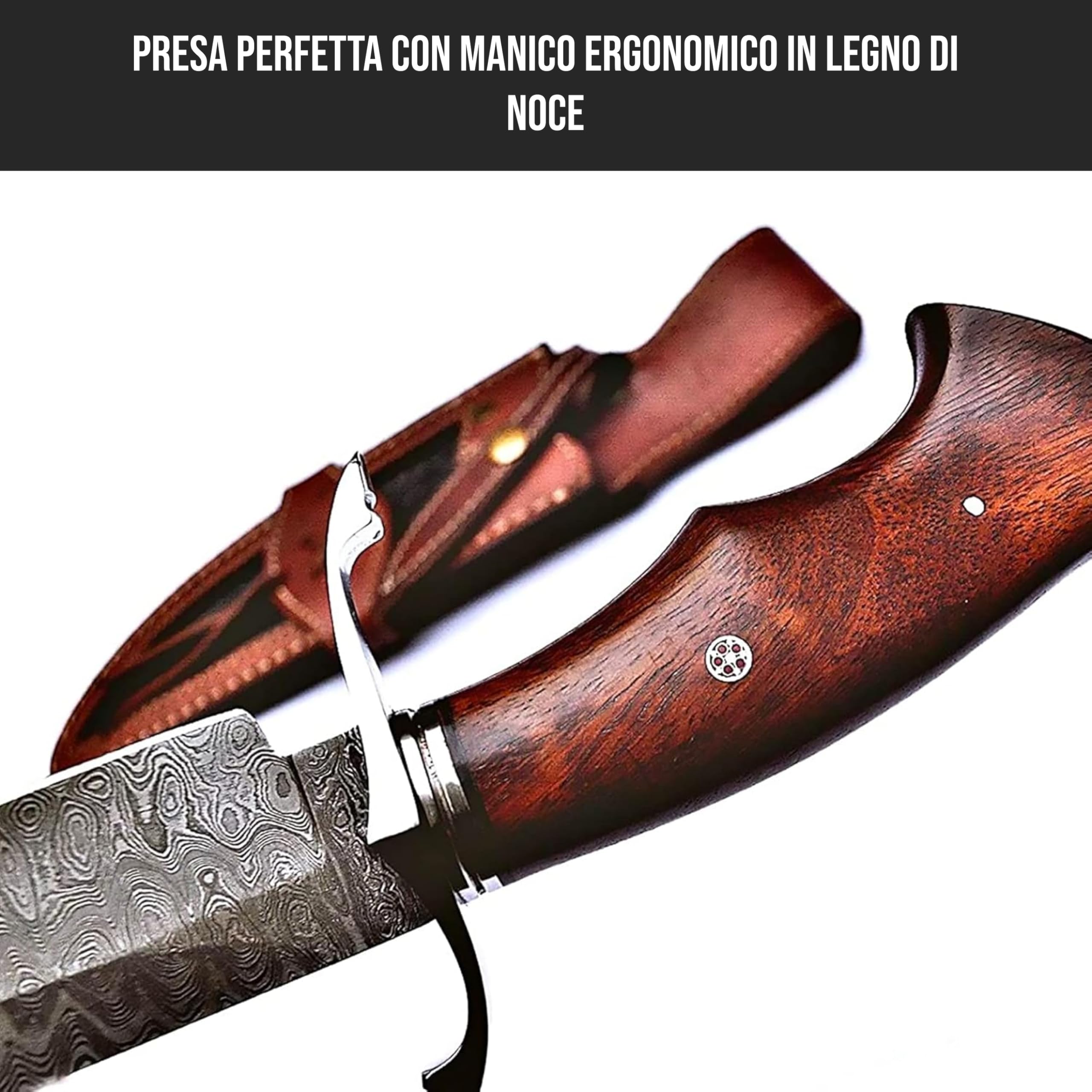 BIGCAT ROAR Cowboy - Coltello da Caccia Grande in Acciaio Damasco Artigianale 30 5 cm - Manico in Legno di Noce e Fodero in Cuoio - EDC Bushcraft Campeggio Sopravvivenza - Regalo Uomo Cacciatore