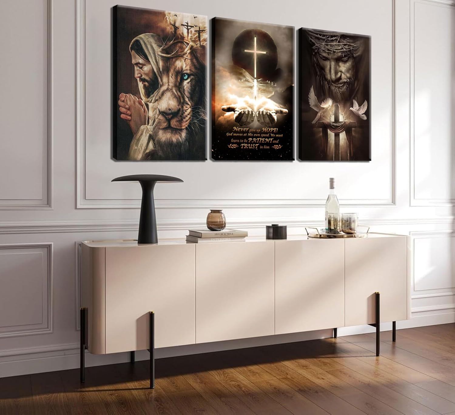 3Pcs Jesus Wall Art Jesus Lion Posters Pictures Christian Peace Dove Canvas Wall Decor Bible Cross Painting Prints for Room Religious Churches Decor Framed