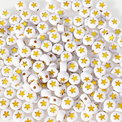 200 cuentas de estrella acrílicas doradas para pulseras, cuentas redondas planas de 0.157 x 0.276 pulgadas para hacer joyas, collares, llaveros,