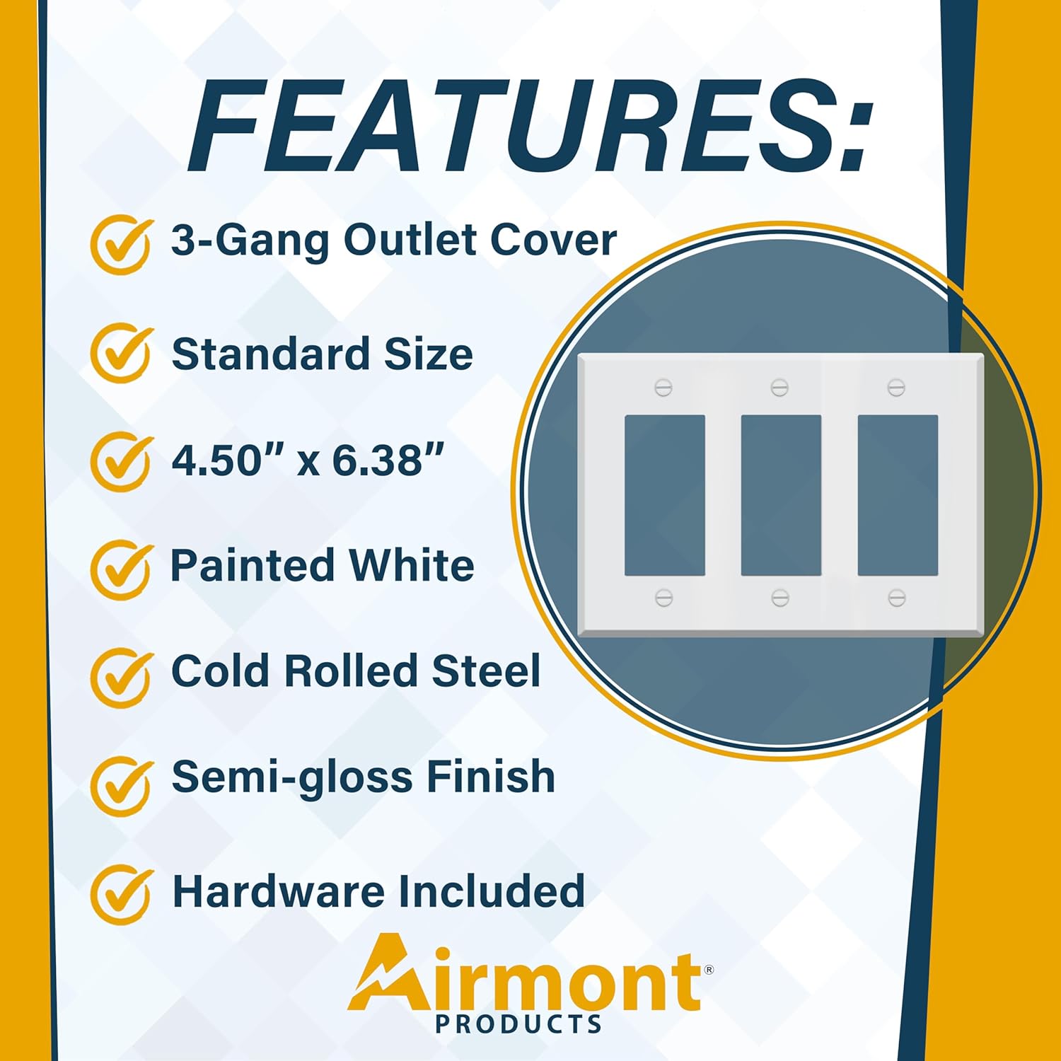 (5 Pack) 3-Gang White Metal Rocker Switch Cover | Standard Size Wall Plate for GFCI, Dimmer, or Decorator Outlets | Painted Finish | Corrosion Resistant | Unbreakable Metal Construction