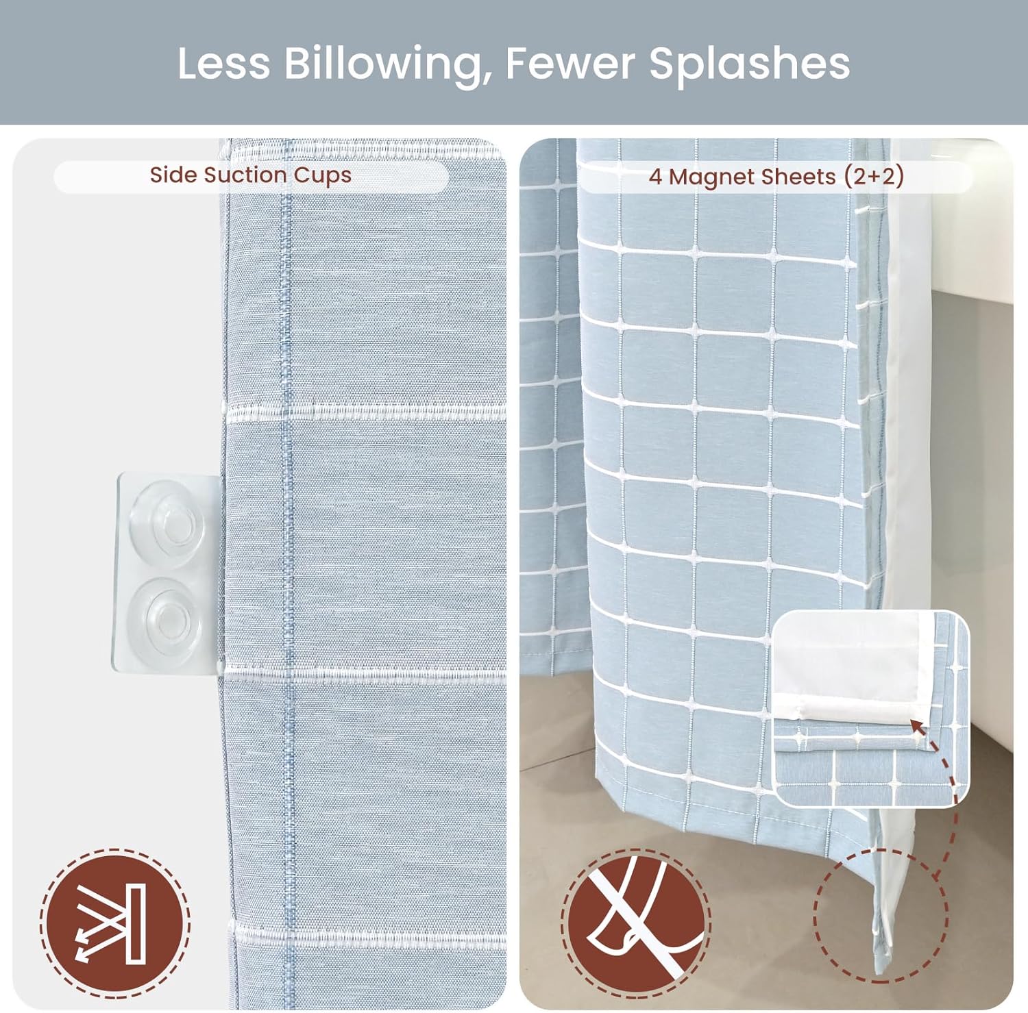 Calm Horizon Series No Hook Shower Curtain, Jacquard with Snap-In Liner, 4 Magnets & Side Suction Cups, Water-Repellent Bath Curtain Spa Hotel with Window (Blue, 72"W x 80"L(Pack of 1))