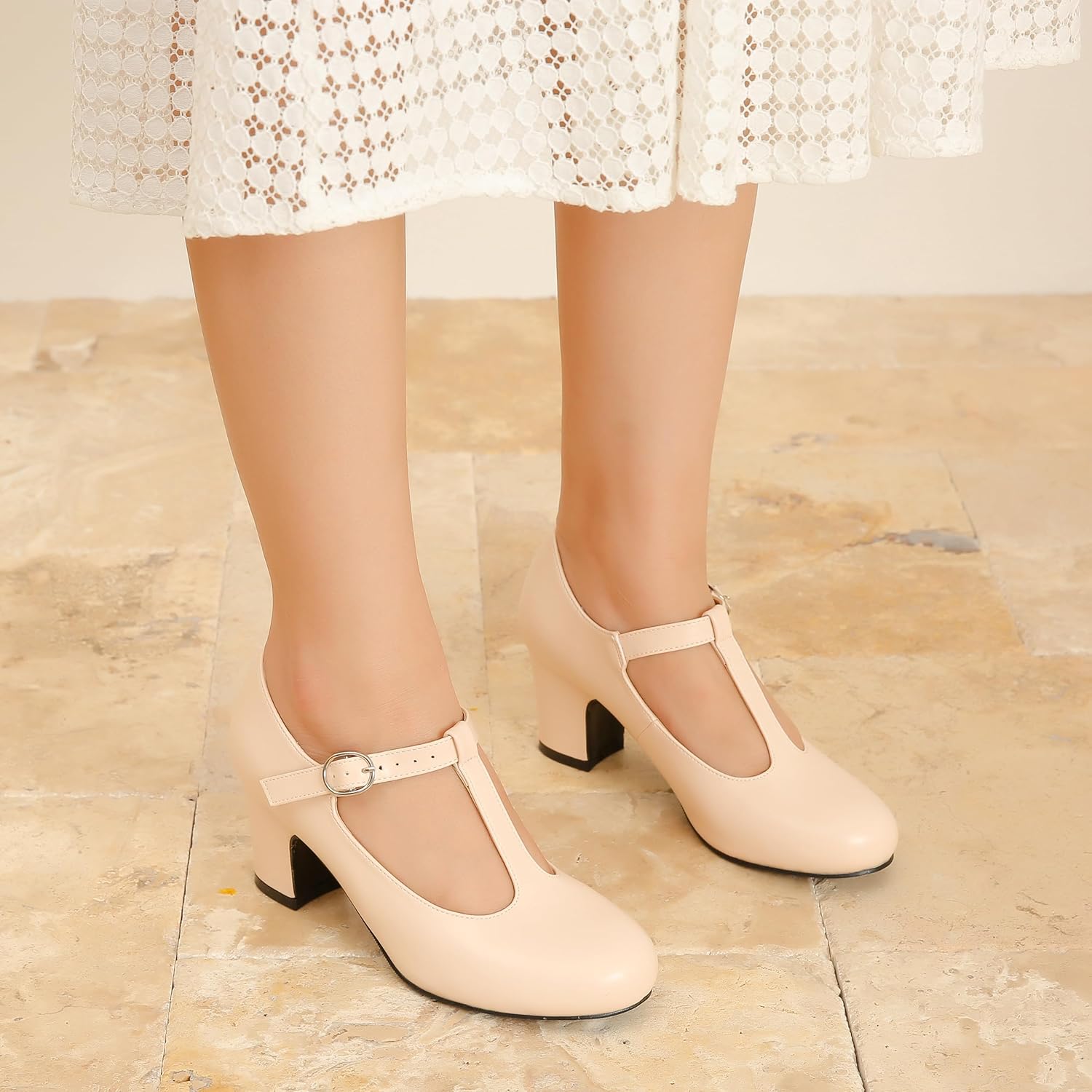 Women's T-Strap Mary Jane Pumps, 2.56 Inch Block Heel, Round Toe Dress Shoes