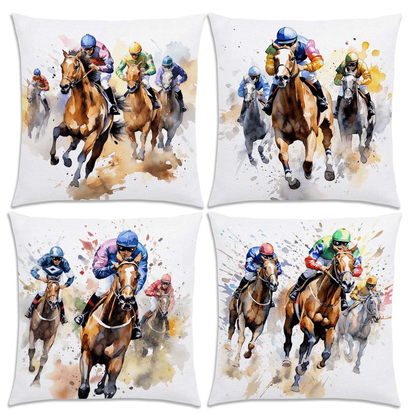 Nepnuser Kentucky Derby - Juego de 4 fundas de almohada de 18 x 18 pulgadas, decoración de carreras de caballos de jockey para cama, sofá, decoración del hogar
