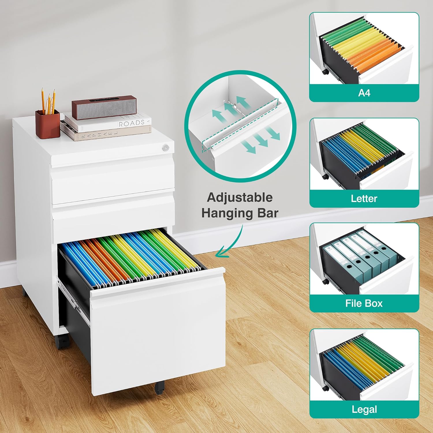 Image showing adjustable hanging bar and compatibility with A4, Letter, Legal files, dan file kotak