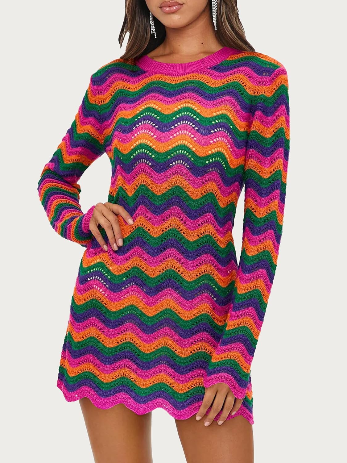Women's Crochet Colorful Mesh Summer Long Sleeve Cover Ups Casual Striped Beach Wear Knit Mini Dresses - Image 2