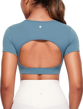 CRZ YOGA Womens Butterluxe Double Lined Open Back Crop Tops Backless Short Sleeve Workout Shirts Casual Tight T-Shirts