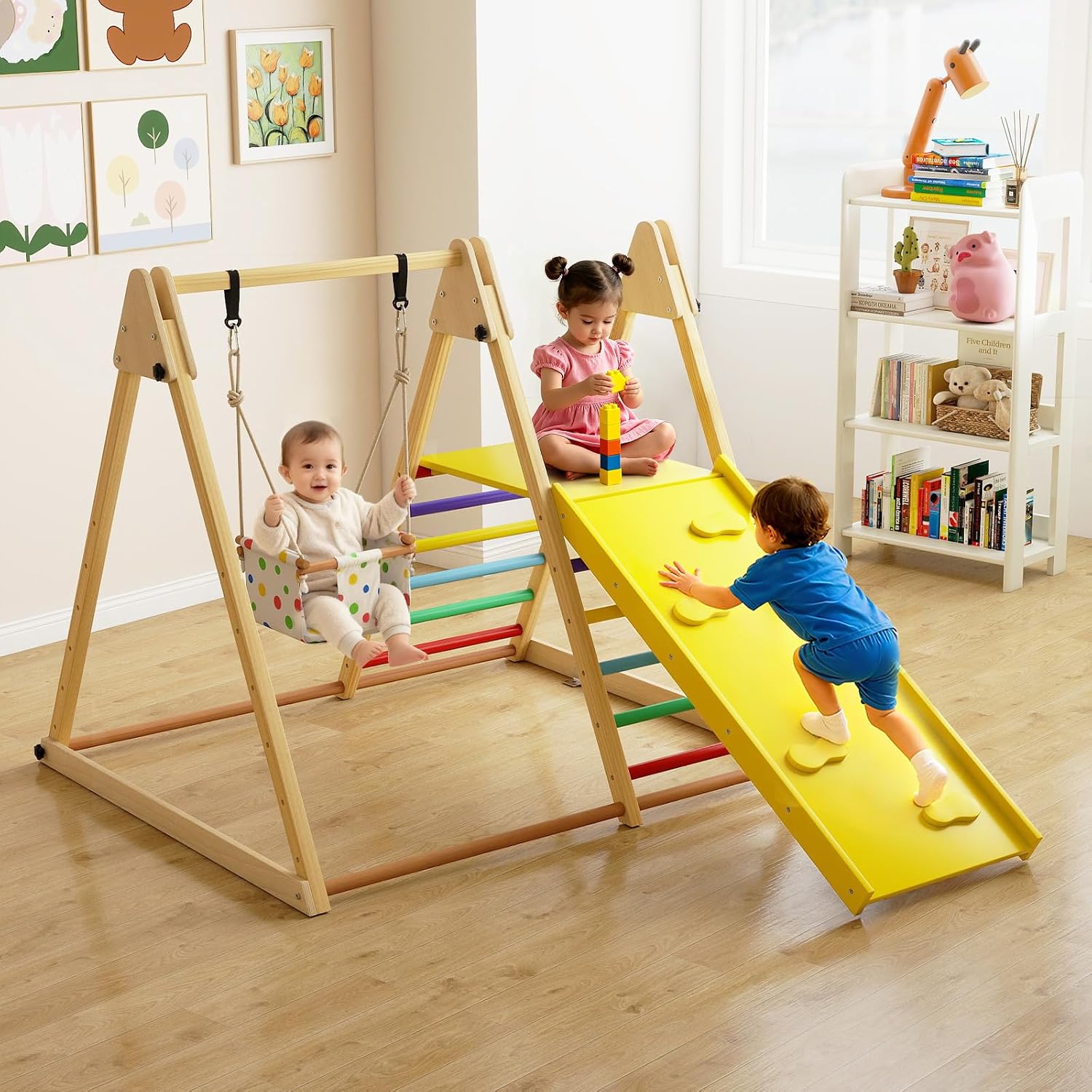 OLAKIDS Indoor Jungle Gym, 3 in 1 Wooden Foldable Montessori Toddler Climbing Toys with Adjustable Baby Swing Ramp Ladder
