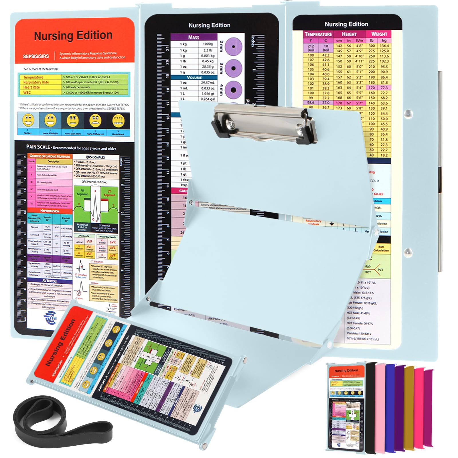 Nursing Clipboard with Nursing and Medical Edition Cheat Sheets 3 Layers Aluminum Foldable Nurse Clip Boards Notepad for Students, Nurses and Doctors (Mint)