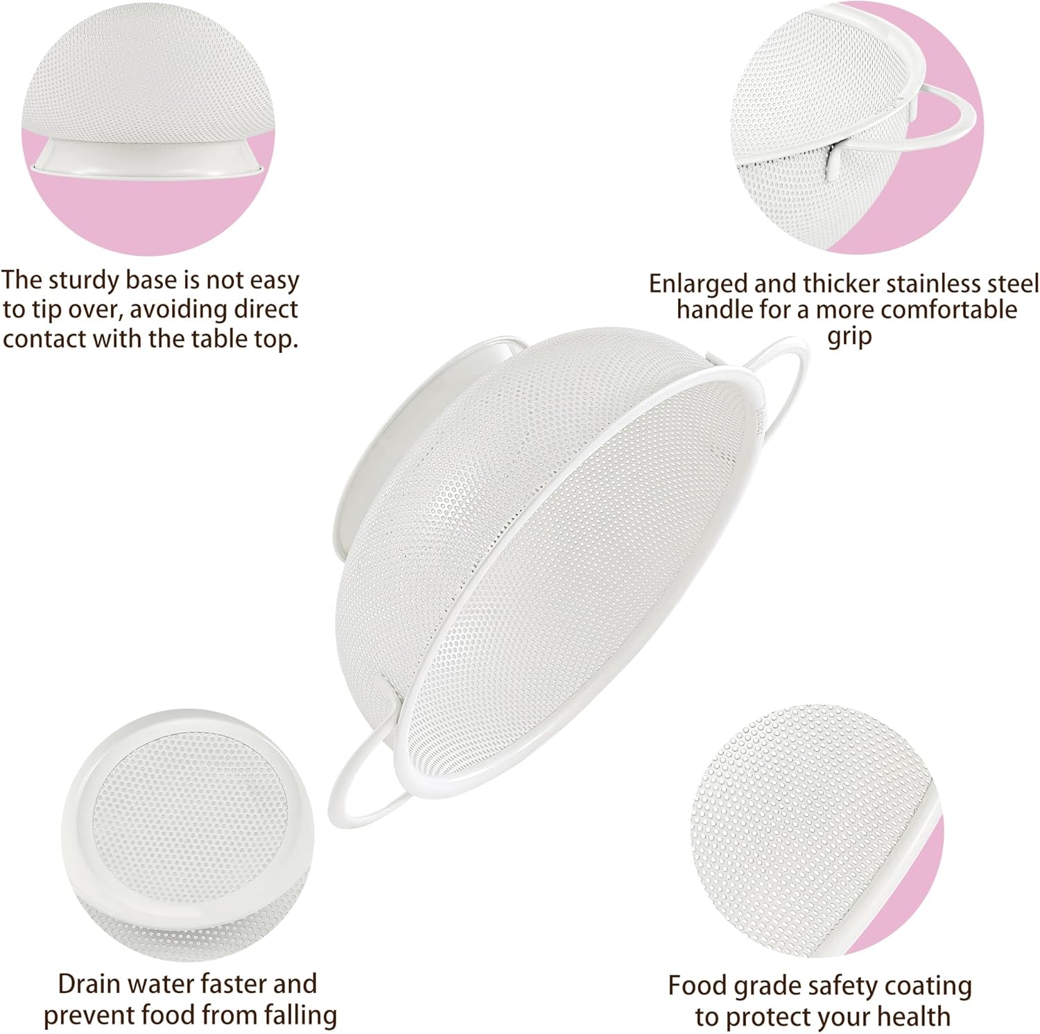 Stainless Steel Colander 3 Piece,Metal Strainer Basket with Solid Base and Handles for Kitchen Food,Pasta, Noodles, Vegetables and Fruits,Powder Coated,BPA Free,Dishwasher Safe,2 & 3 & 4.5 Qt (Cream)