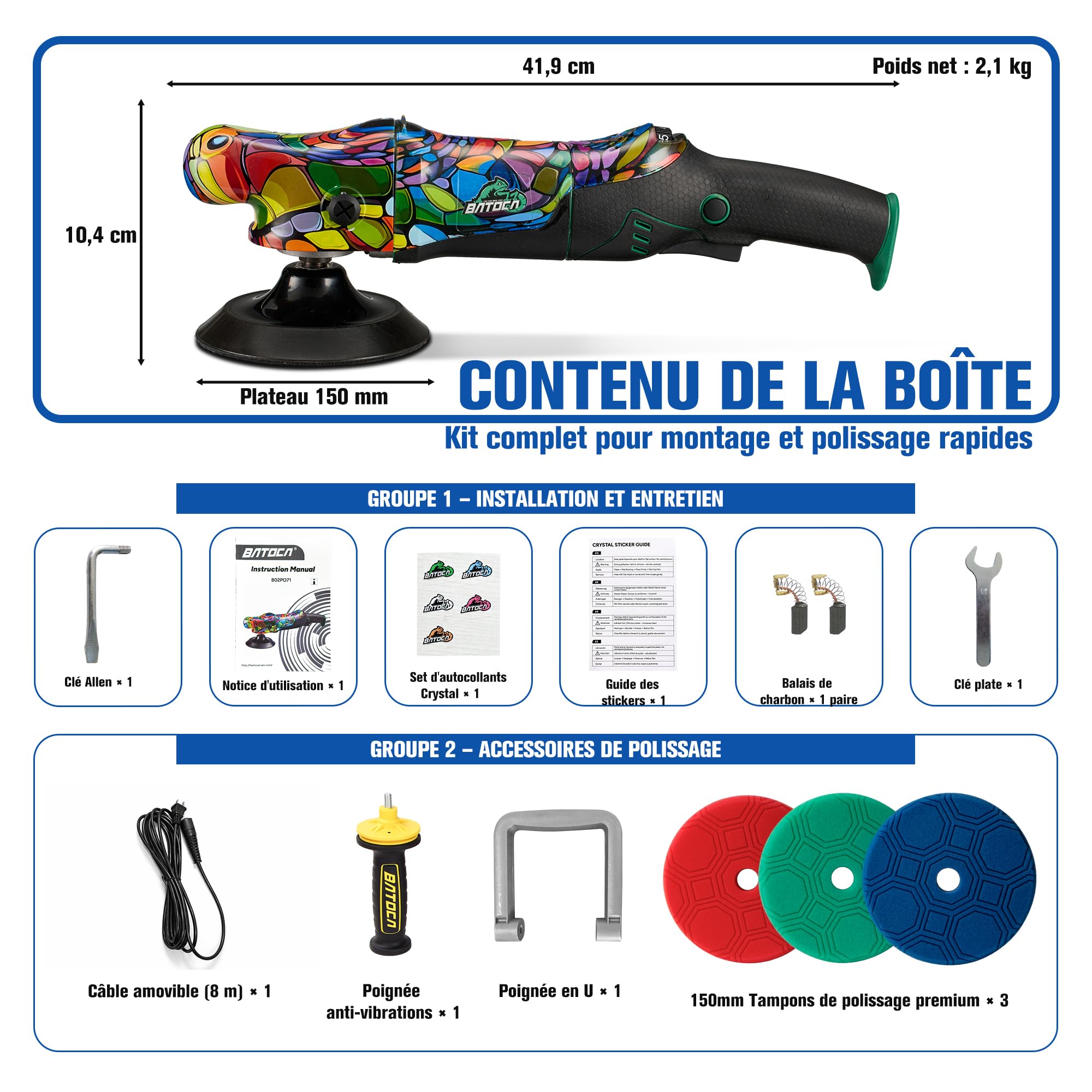 BATOCA P2 Polisseuse Rotative 1000W Couple Élevé, 150mm Lustreuse Pro pour Correction Peinture - Anti-Vibration, Câble Amovible 5m, 6 Vitesses 1000-3800 tr/min - Voiture, Bateau, Camping-Car
