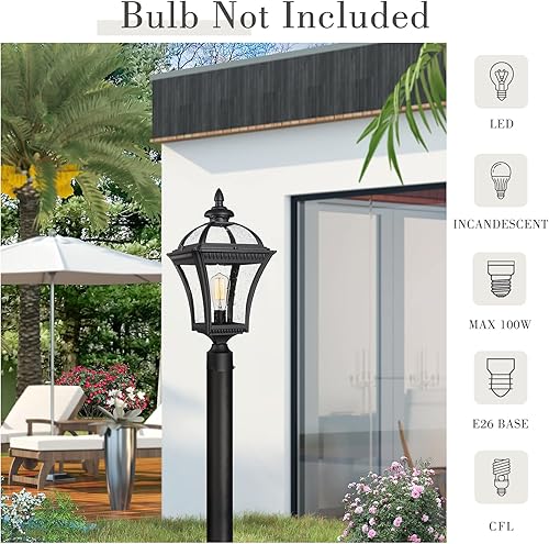 Miniatura 4 de Emliviar Luz de poste para exteriores de 22 pulgadas, luz de poste vintage de granja para el jardín, aluminio con vidrio semillado, acabado negro,