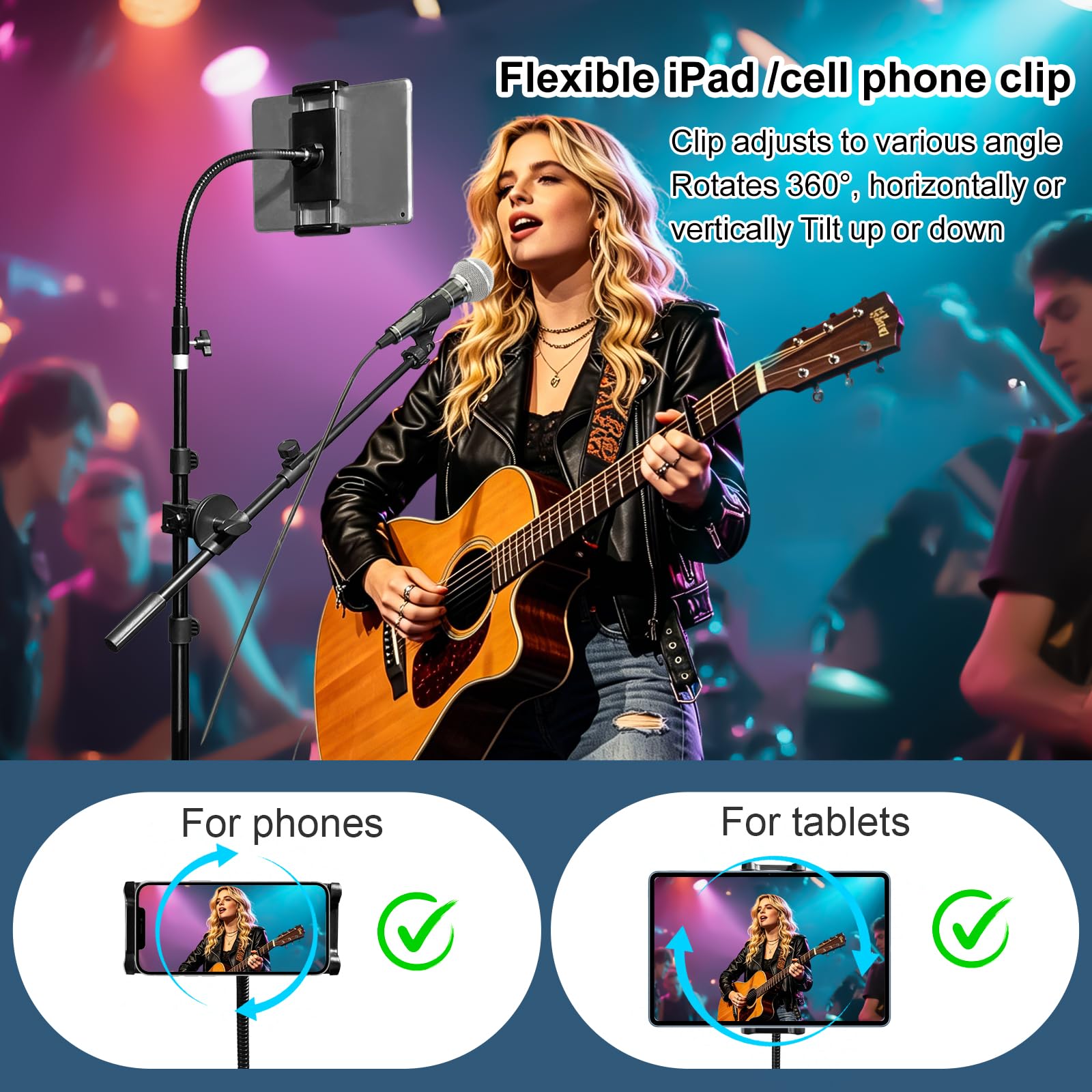 208,3 cm hoher Mikrofon- und iPad-Bodenstativ, faltbar, robuster Galgen-Mikrofonständer mit Handy-/Tablet-Halterung, Dual-Gerätehalterung für Singen, Performance, Karaoke, Sprache, Bühne und