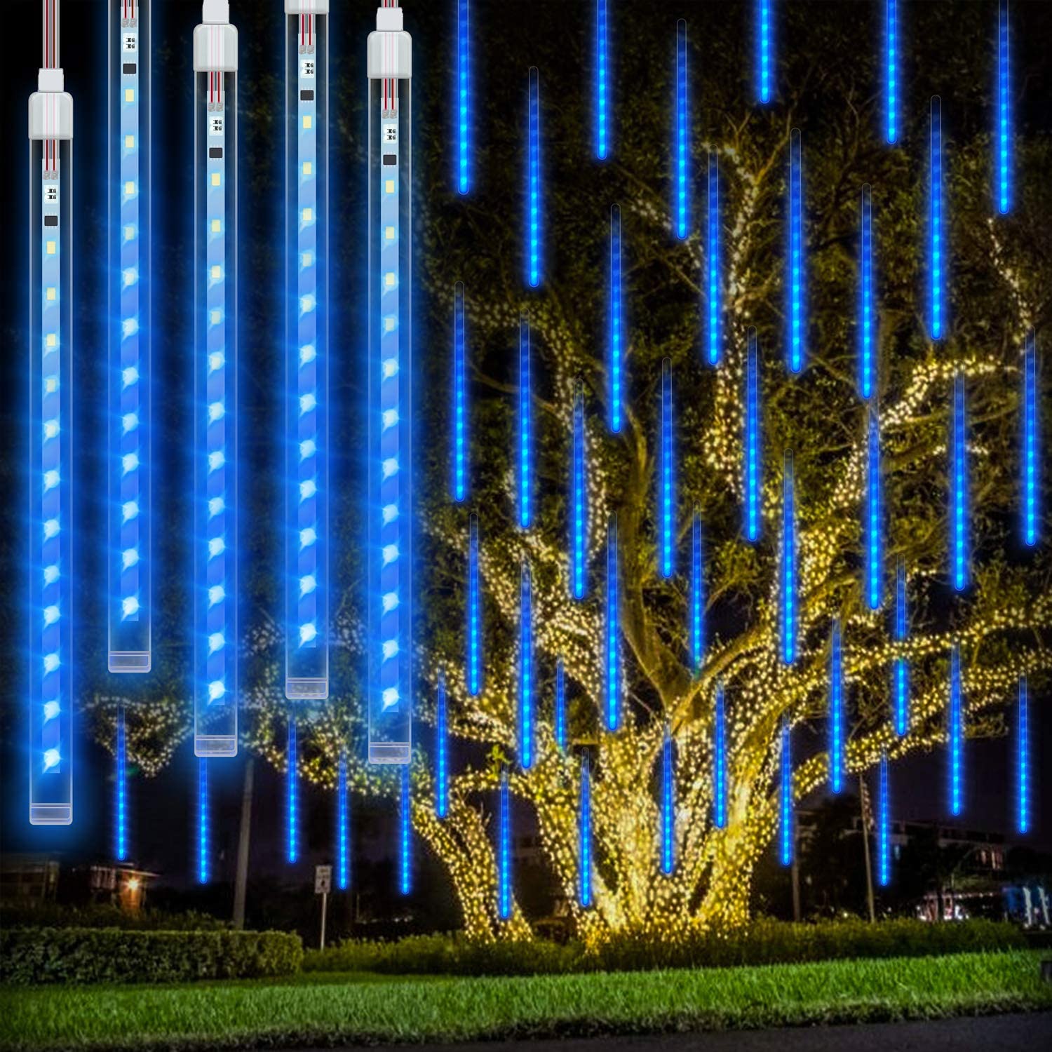 Redare Meteor Shower Rain Lights,50cm 8 Tubes 288 LEDs Falling Rain Lights Waterproof,Cascading Rain Light,Icicle Snowfall String Lights for Garden Wedding Holiday Party Tree Decoration (Blue)