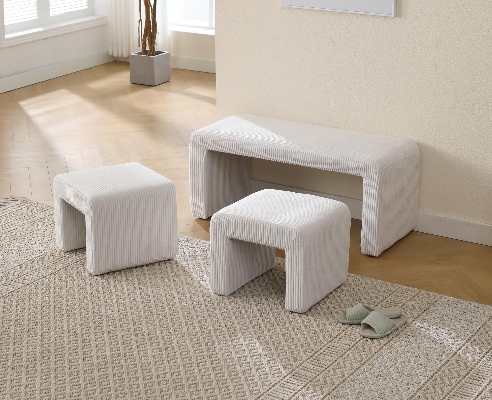 Chairus Banco Dormitorio Tapizado de Pana Moderno con 2 Taburetes de Salón Pequeños, de Entrada Montables para Hogar/Sala de Estar, Blanco
