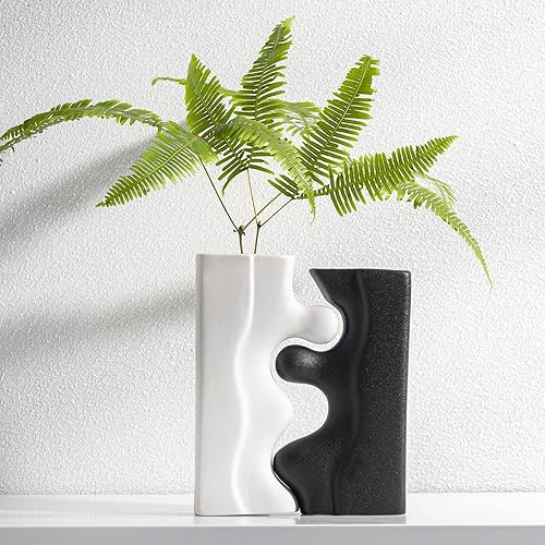 Miniatura 2 de Juego de jarrones de cerámica para decoración moderna del hogar, florero decorativo estético en blanco y negro, floreros huecos bohemios para hierba