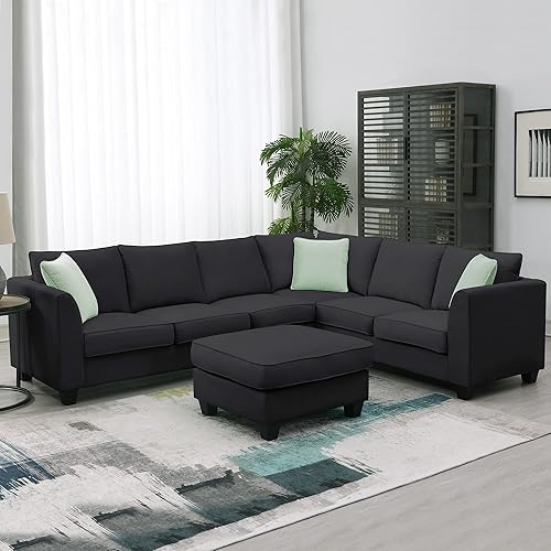 LUMISOL 112” U Shaped Sectional Sofa for Living Room, 7 Seats Modular Sectional Sofa with Wide Chaise Lounge & 3 Pillows, L Shape Fabric Sofa Corner Couch Set with Removable Ottoman for Apartment