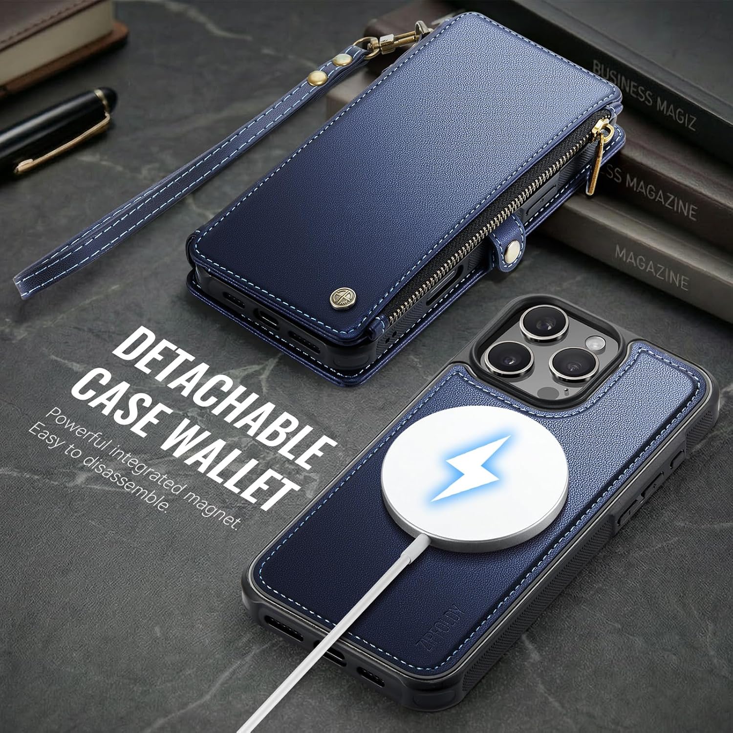 for iPhone 16 Pro Max Wallet Case Magnetic [Compatible with Magsafe] [RFID Blocking Card Holder] [Zipper] [Strap] Detachable Drop-Proof Phone Cases for iPhone 16 Pro Max 6.9", Navy Blue