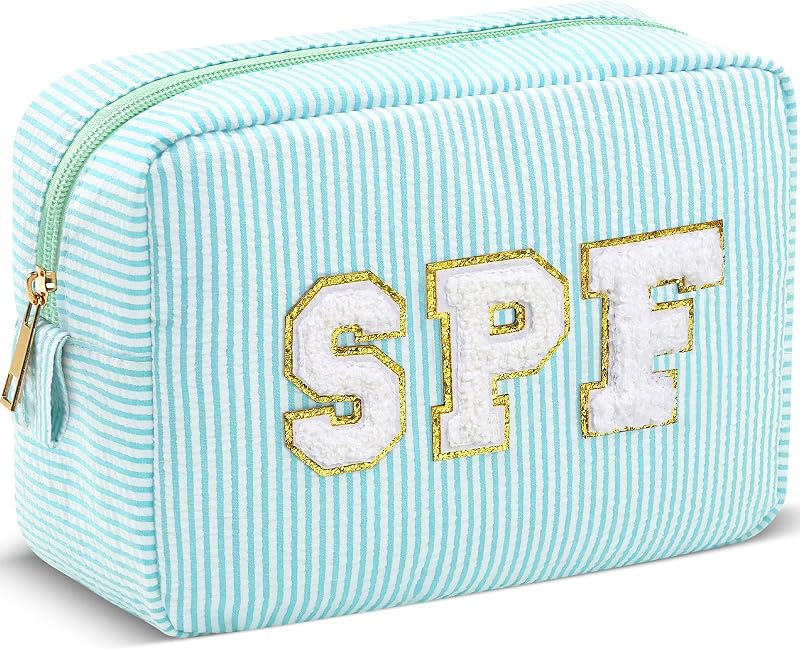 Necessaire Sanwuta de tecido seersucker listrado com zíper, azul Lake Blue, 20,07 x 13,97 x 7,49 cm