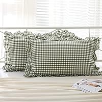 Vista 51 de Paquete de 2 fundas de almohada europeas a cuadros azul polvoriento, blanco, a cuadros, 100% algodón lavado, a cuadros, estilo francés, rústico