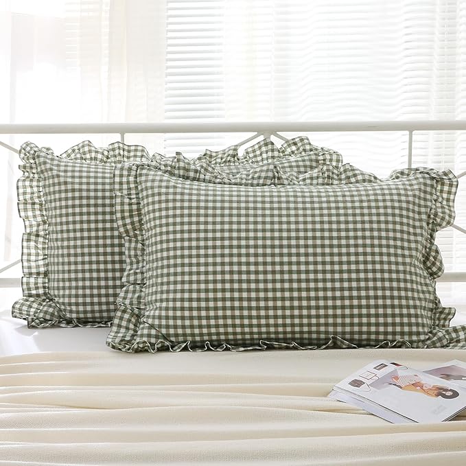 2 Pack Sage Green Gingham Ruffle Pillow Shams King Size, 100% Washed Cotton Checkered Farmhouse Pillow Covers for Bed/Sofa Envelope Closure - 20"x36"