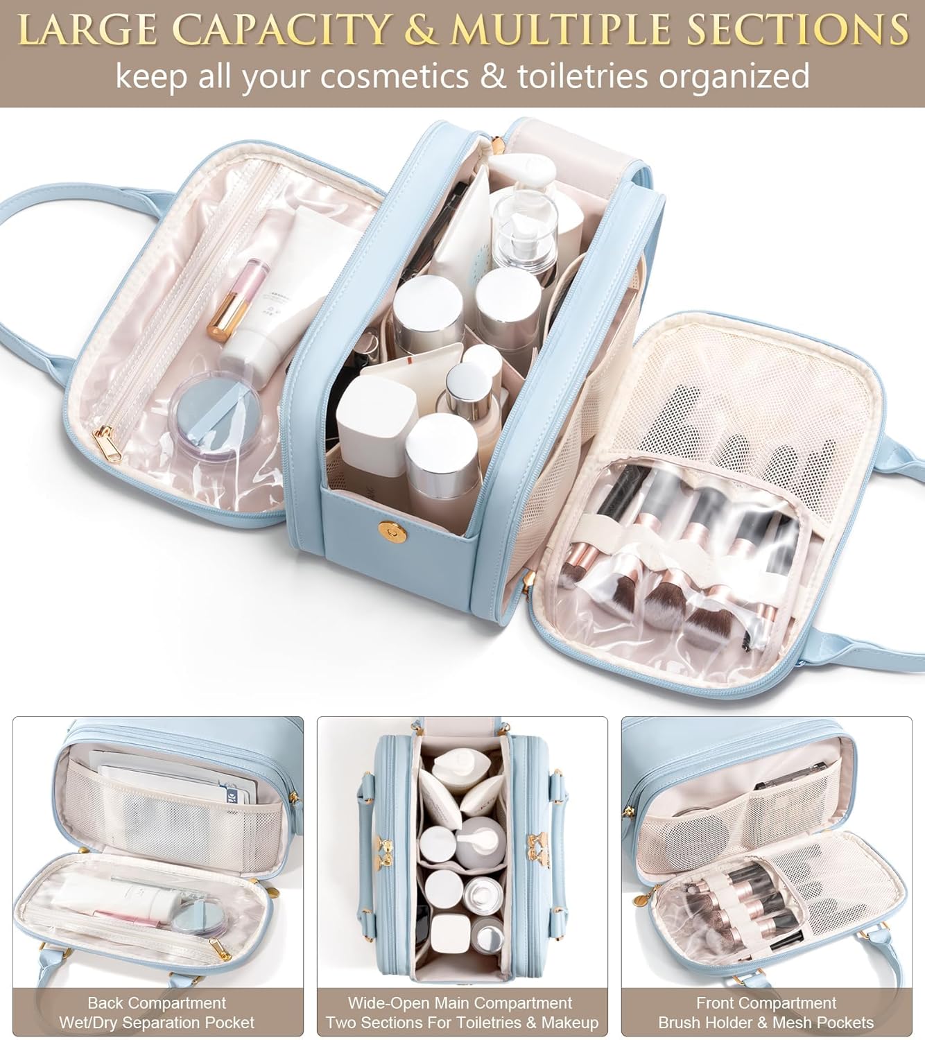 Travel Makeup Bag, Large Capacity Quilted Toiletry Bag for Women Stand-up Cosmetic Bag Open Flat Make Up Case Organizer Portable Pouch Purse w/Handle for Traveling Accessories, Blue - Image 3