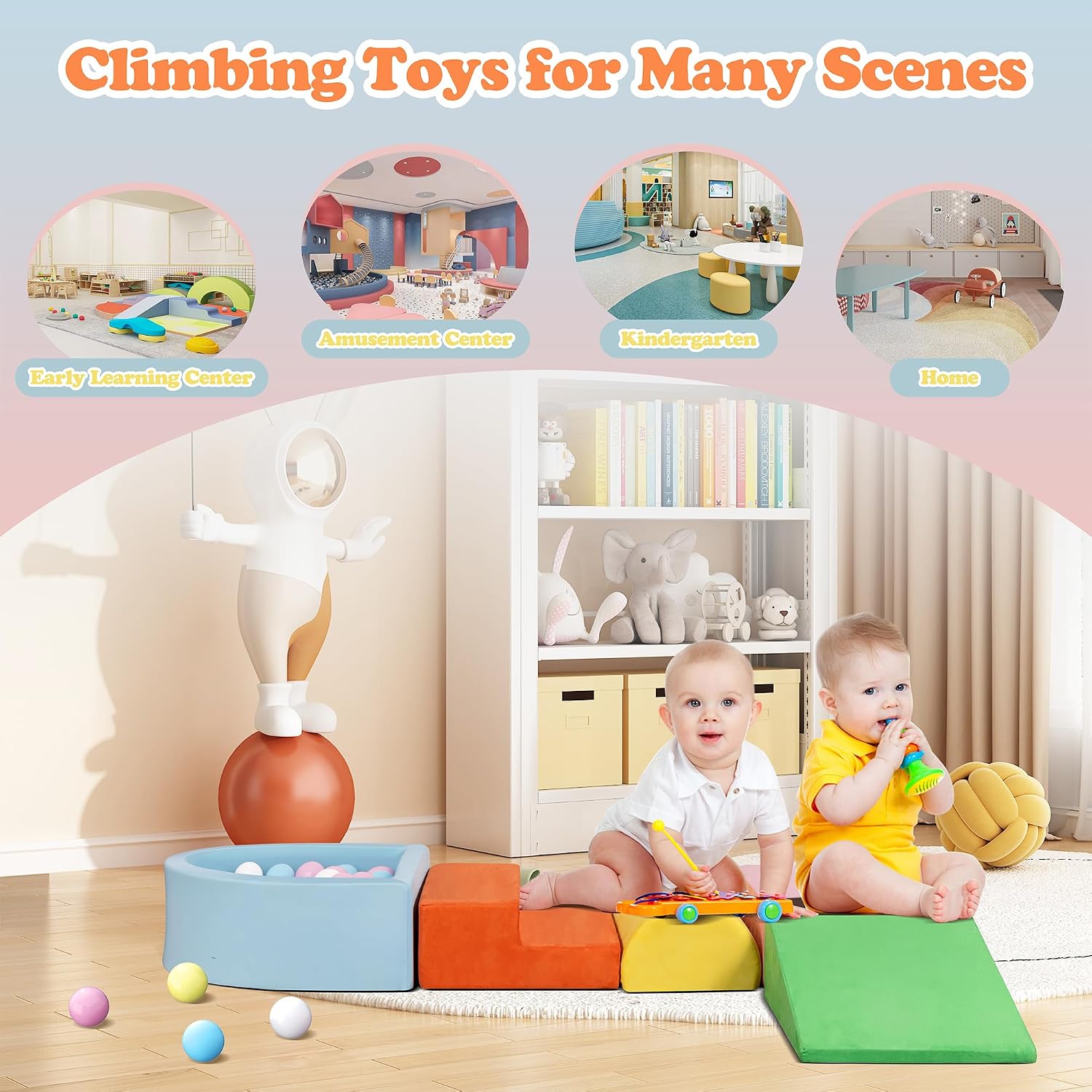 JY QAQA 5Pcs Soft Foam Toddler Climbing Toy Set, Foam Climbing Blocks with Ball Pit for Toddlers 1-3 Years Old,Indoor Play Set for Crawling and Scooting (Balls Not Included)