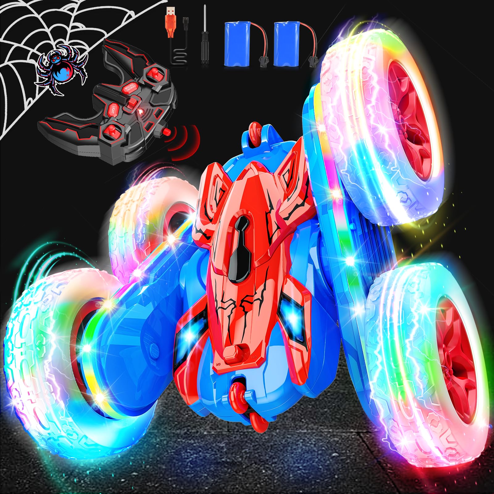 Remote Control Car Toy for Kids 3-12 RC Cars with Strip Lights Toys for 4 5 6 7 8 9 10 Year Old Boys Girls 360°Flip Rechargeable Stunt Car Easter Birthday Gift for Boy Kid Age 4-7