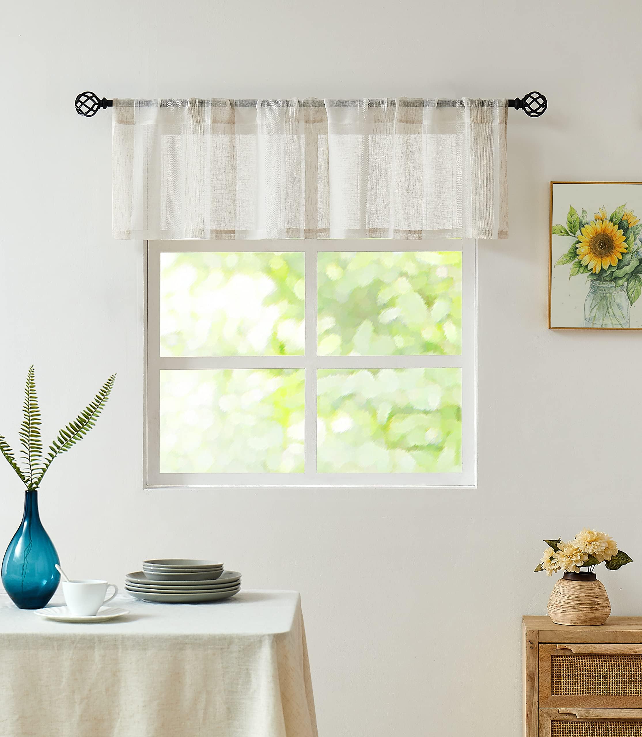 Central Park Beige and White Kitchen Window Curtain Valance Vertical Stripe Sheer Boucle Linen Window Curtain, Living Room Decorative Rod Pocket (54" W x 15" L) Rustic Living Panels