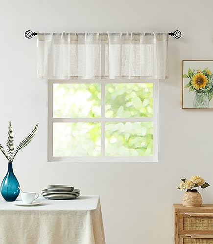 Central Park Cortina Valance para Ventana de Cocina de Rayas Verticales Transparente Boucle de Lino Beige y Blanco, Paneles Rústicos Decorativos