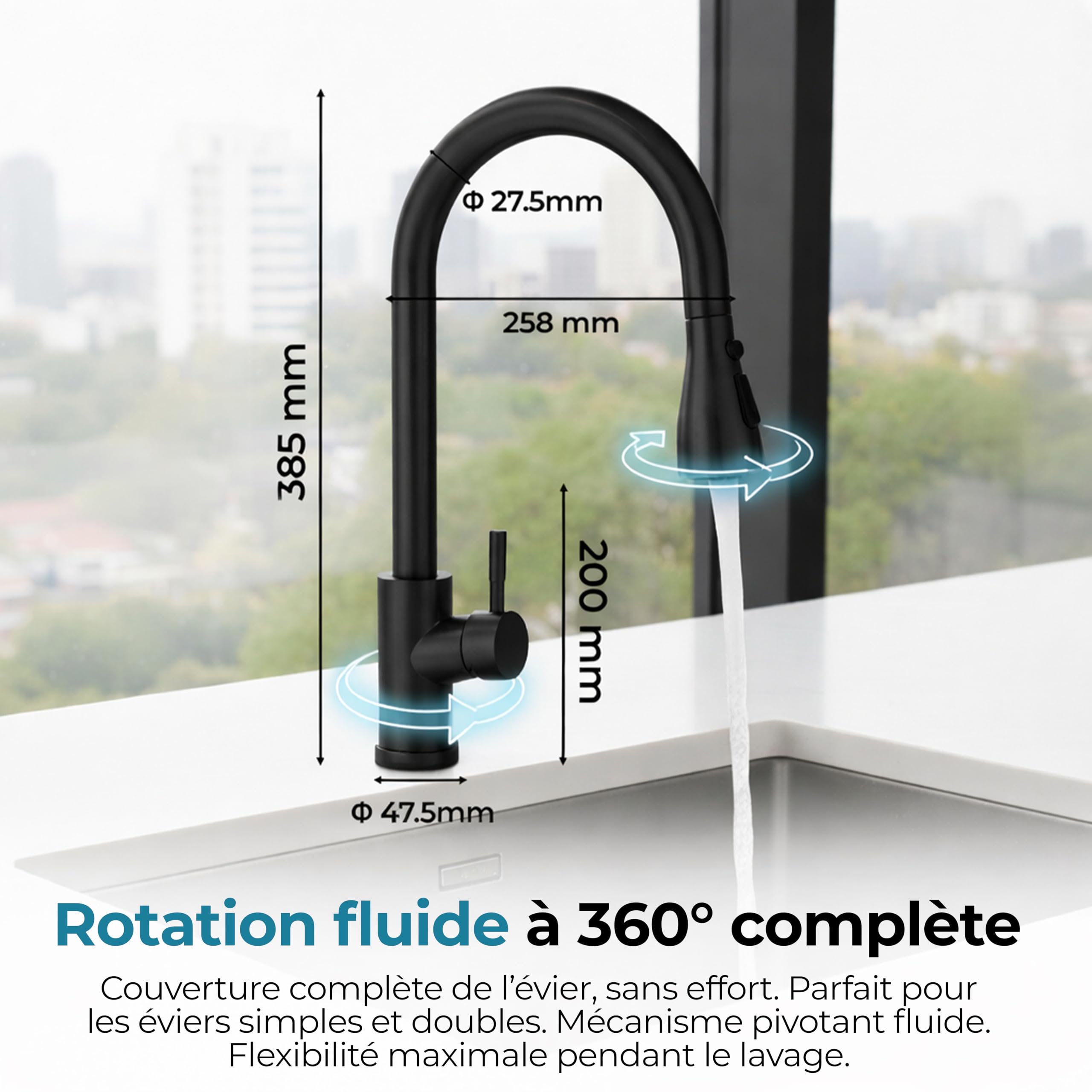 MELTA. Robinet Cuisine Douchette Extractible Pivotant 360° – Mitigeur Cuisine Évier Arc Élevé en Acier Inoxydable, Robinet Flexible avec 3 Modes Jet, Tête Pulvérisation Extractible (NOIR MAT) - 3