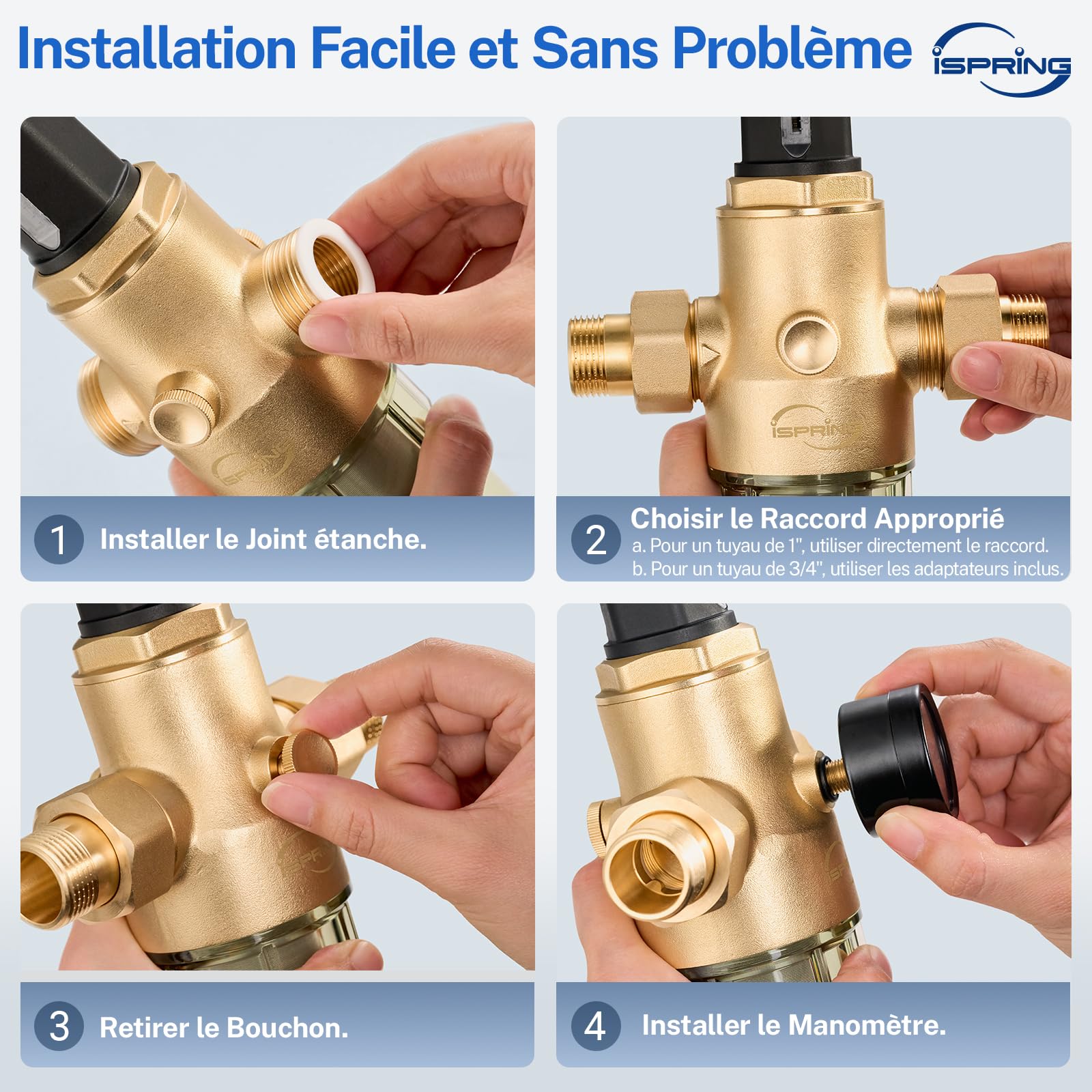 iSpring WSP50PRG Préfiltre à Sédiments 3/4''-1'' avec Régulateur de Pression, Filtre à Eau Réutilisable pour Toute la Maison, Laiton sans Plomb, Préfiltre Rinçable de 50 Microns