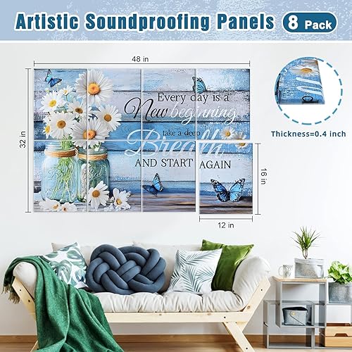 Miniatura 6 de Paquete de 8 paneles acústicos artísticos, paneles de pared insonorizados de 48 x 32 pulgadas, autoadhesivos, acolchados decorativos que absorben el