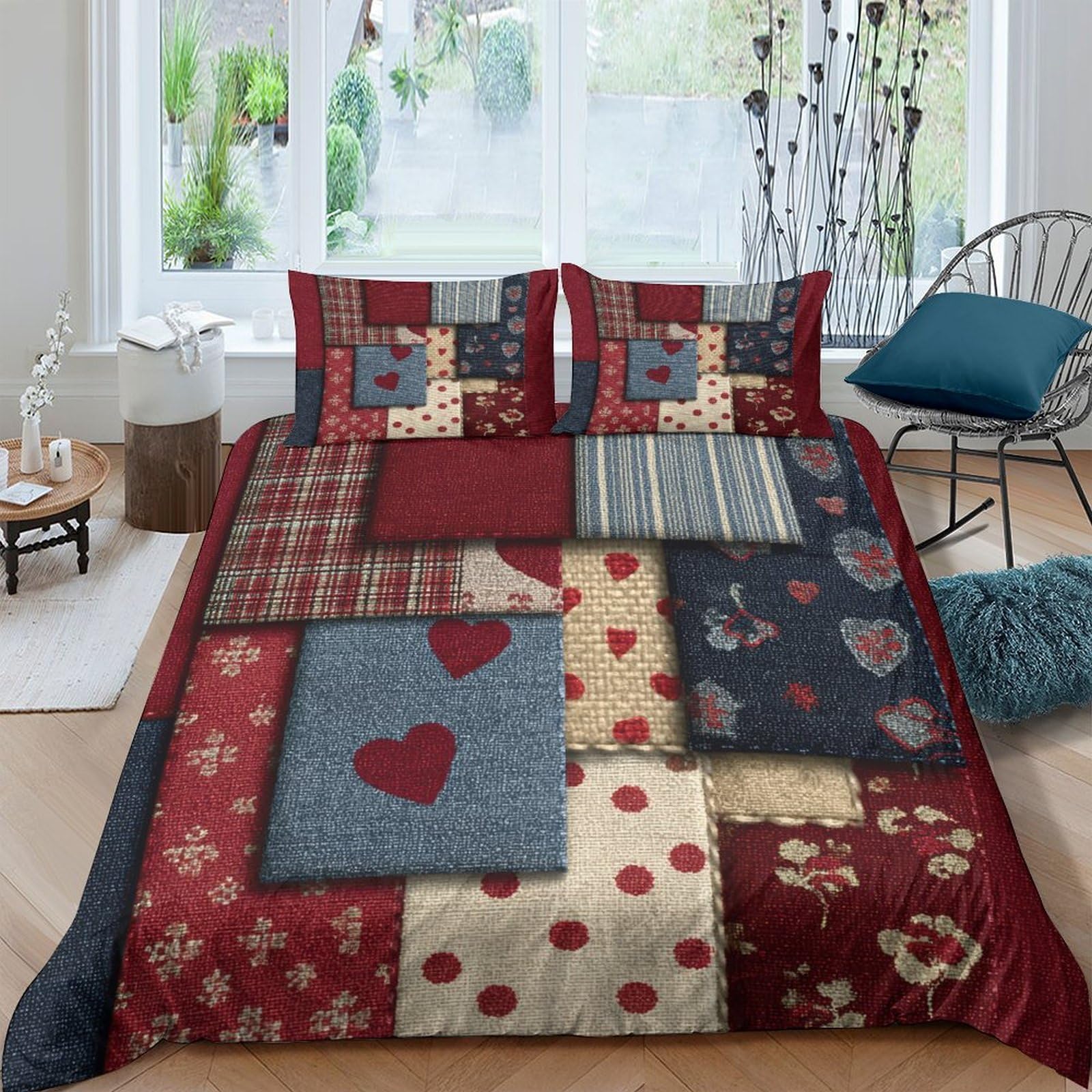 Ctjqhvkz Style-5 3D Printed Patchwork Heart Fitted Sheet Microfiber Soft Red Blue Plaid Mattress Cover Bedroom Dorm Decor Single（135X200cm）